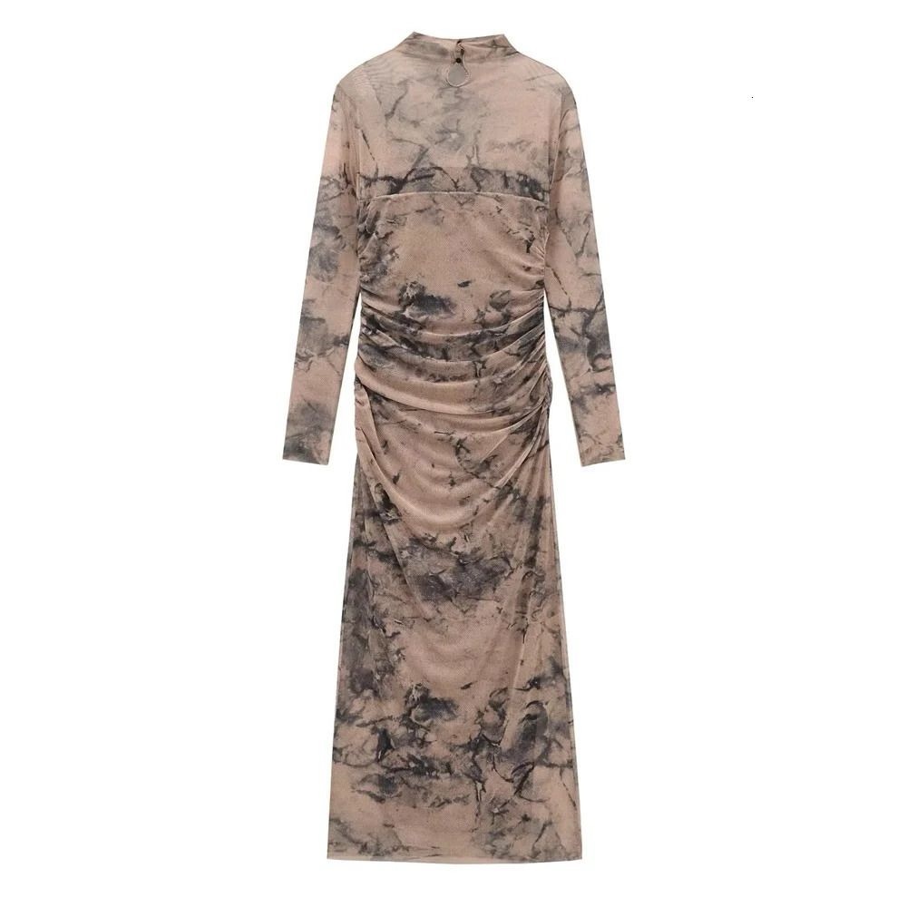 Zara Printed Tul Marble-Print Ruched Long-Sleeve Midi Dress